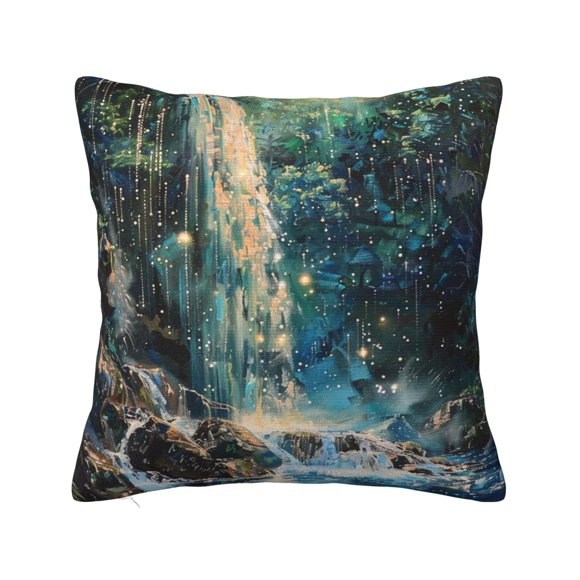 Dreamy Waterfall Night Scene Pillow